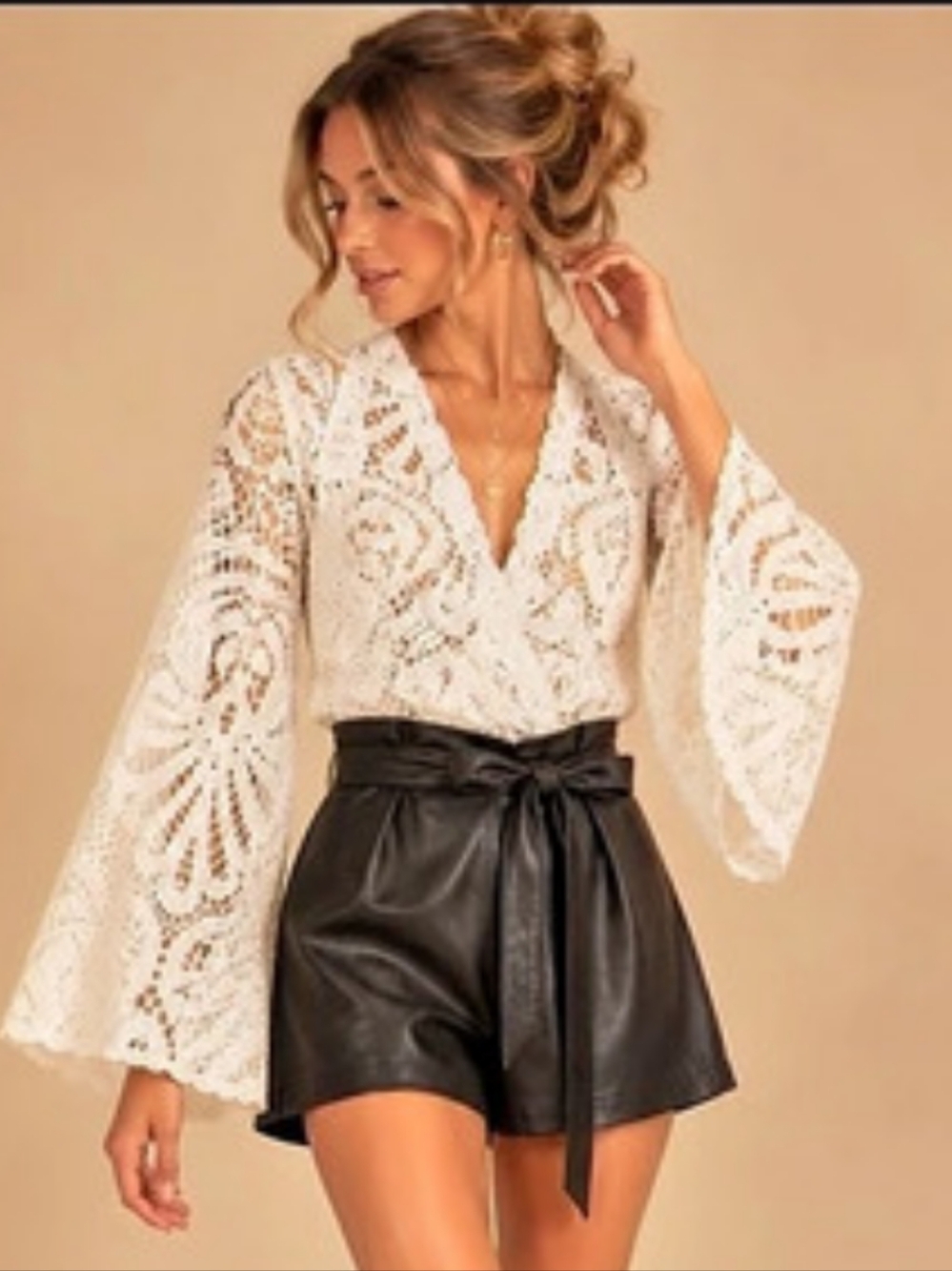Akira White Lace Faux Leather Boho Romper